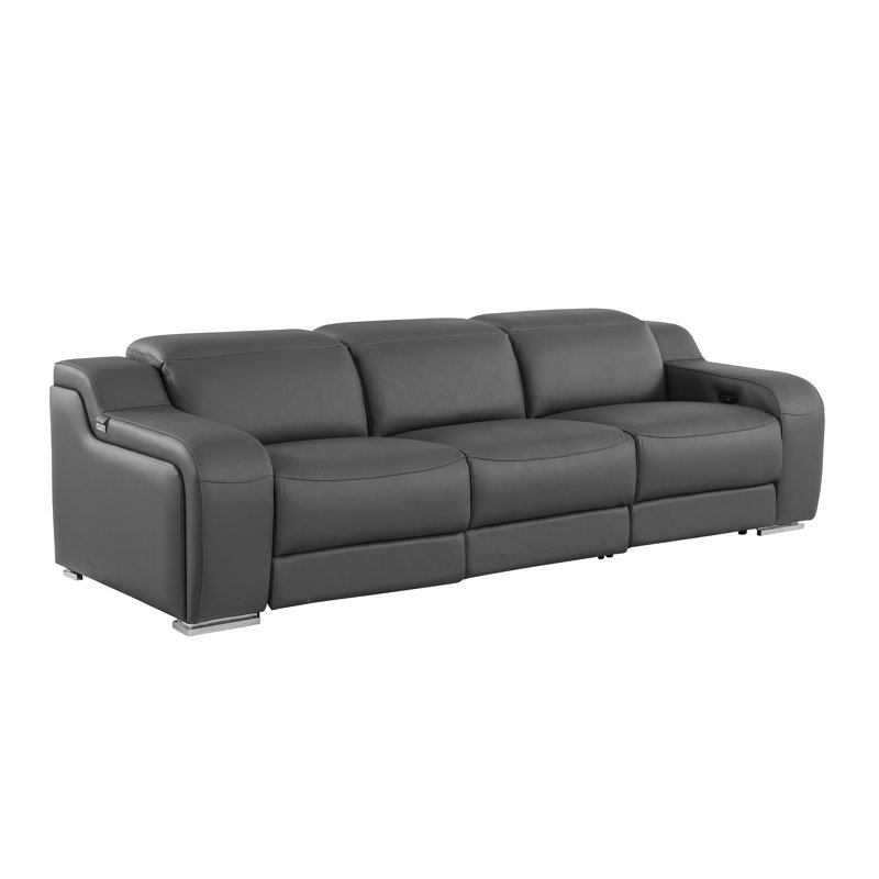 3-Piece 3-Power Reclining Top Grain Italian Leather Sofa With Power Headrest, Gray
