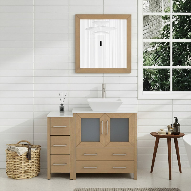 Meuble-lavabo simple 42 po avec plateau en marbre d'ingénierie avec miroir, Chêne naturel