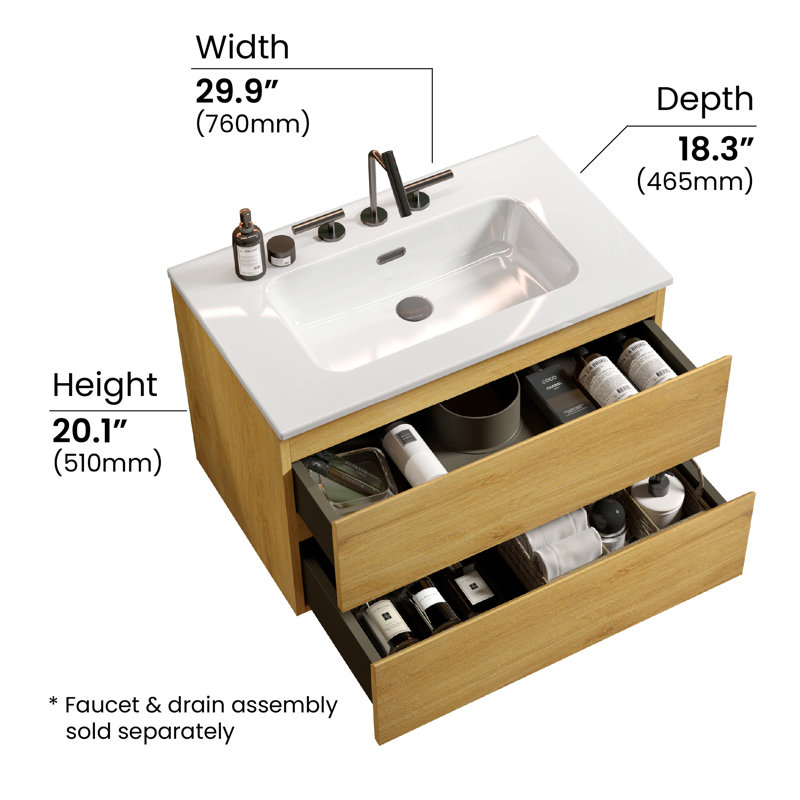 Derrance 30 Inch Single Bathroom Vanity with Ceramic Top with Overflow, Pre-Assembled, Yellow, 30"
