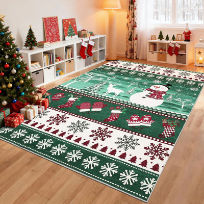 2x6 Christmas Runner Rug – Washable, Non-Slip, Santa & Reindeer Print, Low Pile, Foldable Carpet for Hallway, Kitchen, Bedside (Grey)