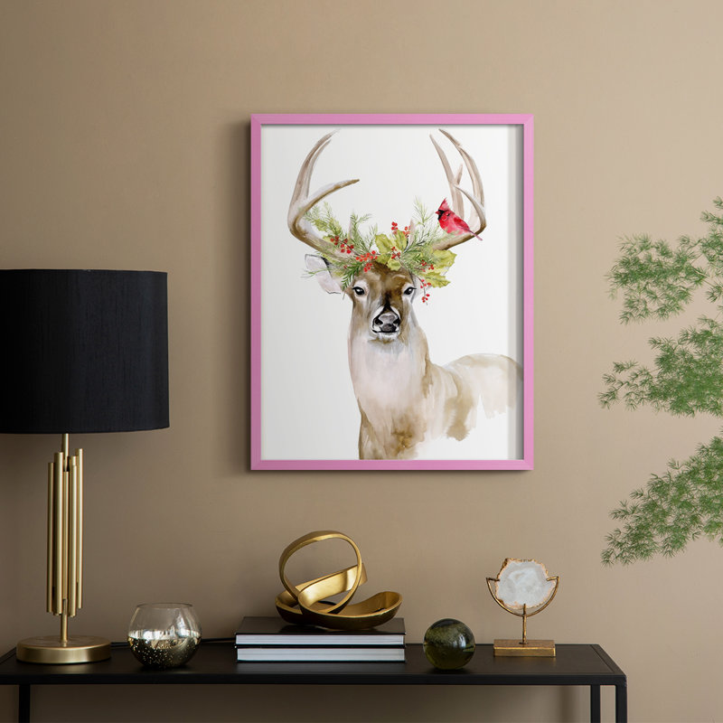 «Holiday Deer I», reproduction encadrée - bois massif, H 30 po x l 24 po, Rose