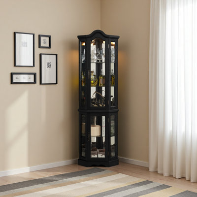 Lighted Corner Curio Cabinet with Tempered Glass Doors & Adjustable Shelves - Elegant Black Display Storage for Living Room & Bedroom Decor