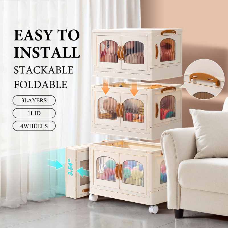 Inbox Zero 8.4 Gal Foldable Cabinet with 1 Lid Set 3 Tier,Clear Plastic Folding Storage Box with Wheel