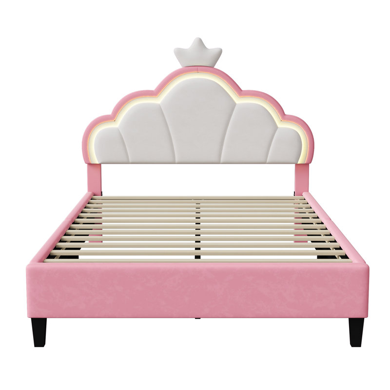 European Single & Double Upholstered Princess Bed With LED Crown Headboard, Pink Velvet, European Double (140 x 200 cm)