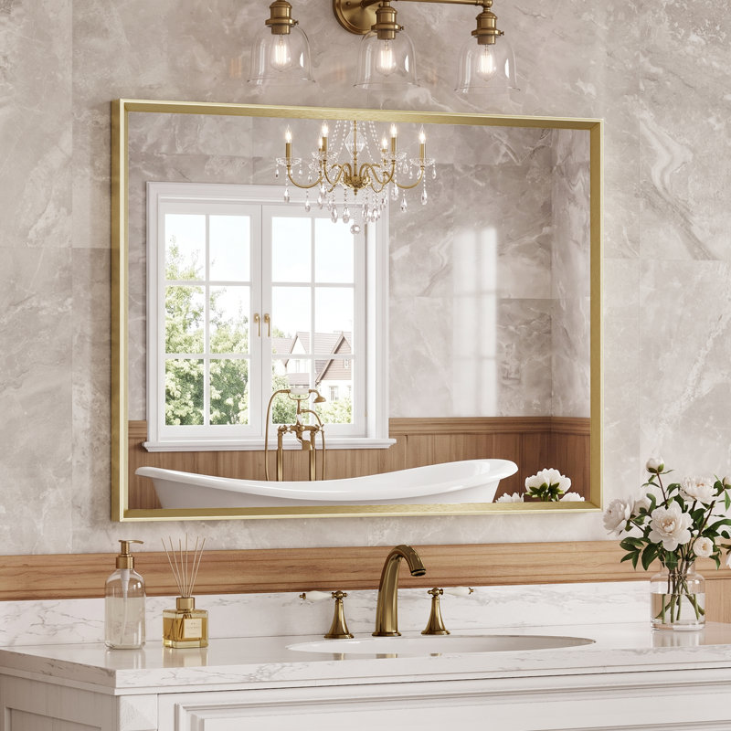 Miroir de salle de bain à bords biseautés, miroir mural en verre trempé avec cadre en aluminium antirouille, pour au-dessus d'un lavabo, dans une chambre ou une entrée.