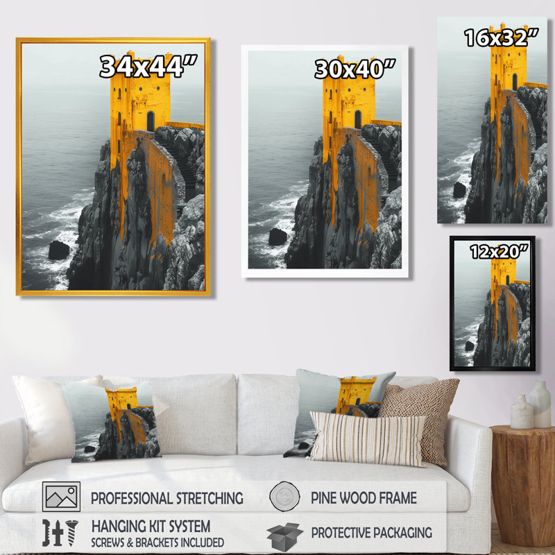 Monochromes jaunes, gris, hiver, bord de mer, château I, impression d'art mural, Toile tendue, H 20 po x l 12 po x P 1 po