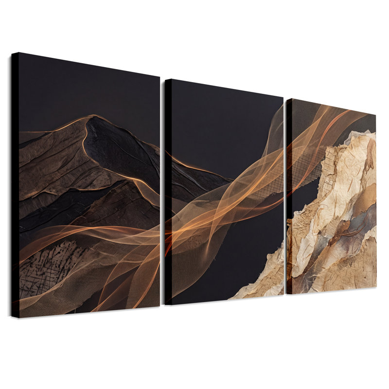 Ensemble de 3 toiles murales texturées noires et beiges avec maille ambrée, H 30 po x l 20 po x 3 pièces
