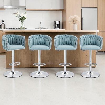 Tabourets de bar pivotants avec housse en tissu 360 ° Zager, hauteur réglable, chaises de bar chromées argentées avec dossier et repose-pieds tissés