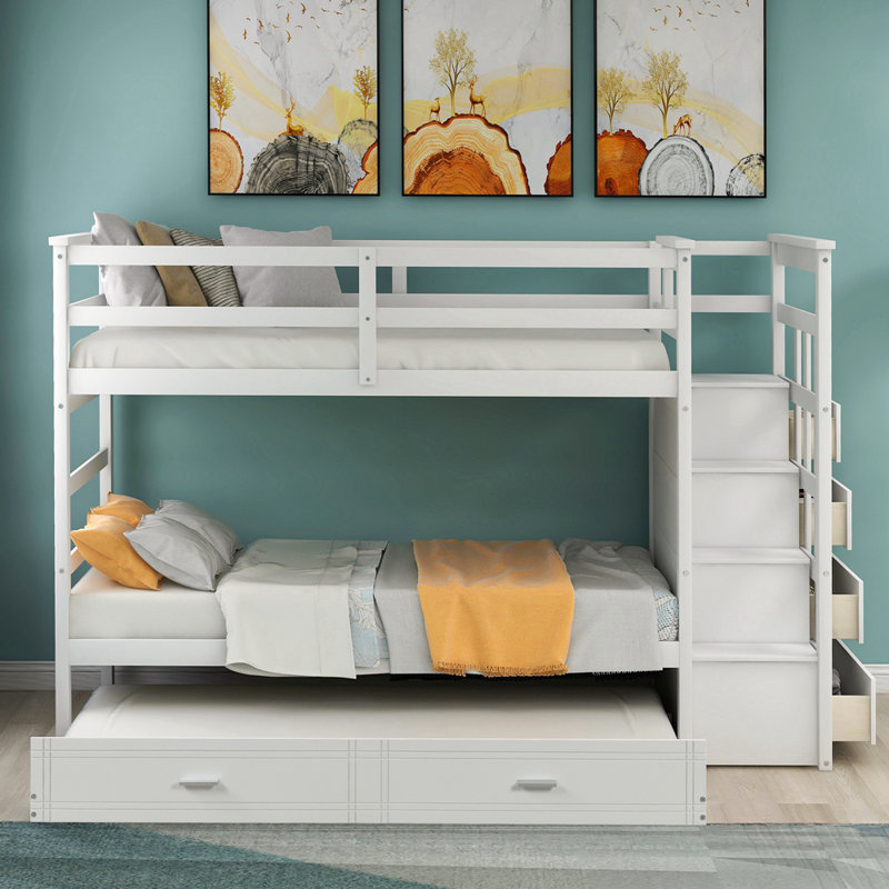 Lit superposé en bois massif pour enfants avec lit gigogne et escalier, Blanc
