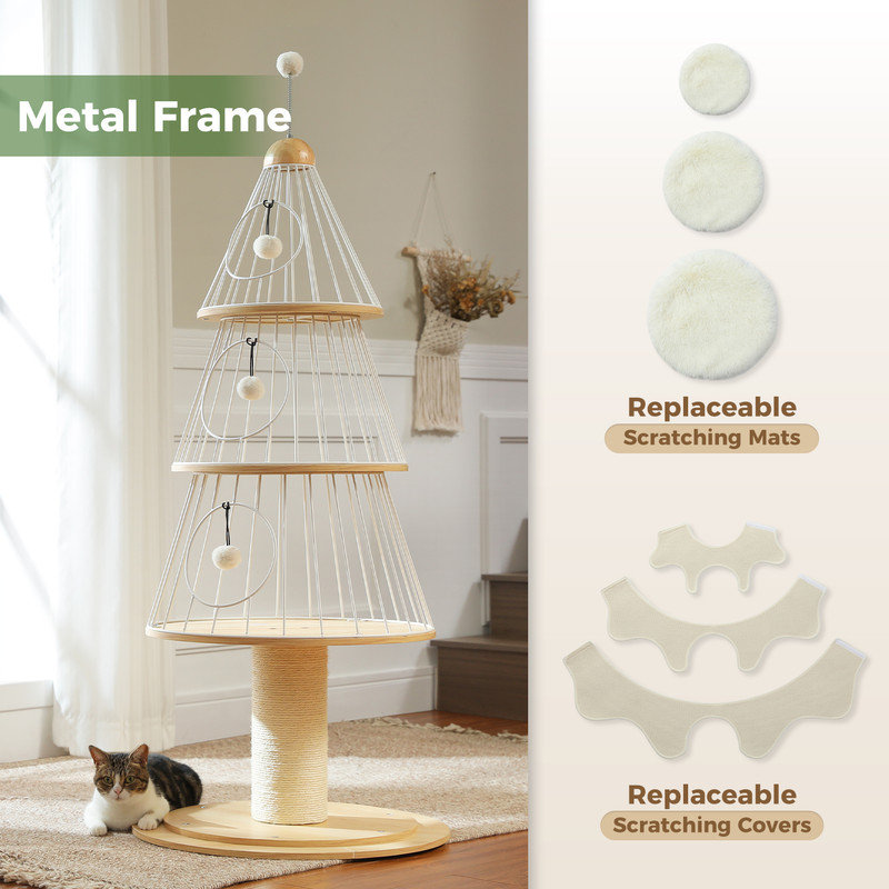 Grattoir pour chat, grande planche à griffer pour arbre de Noël avec tiges de grattage en sisal naturel et boule de jouet interactive pour chatons et chatons