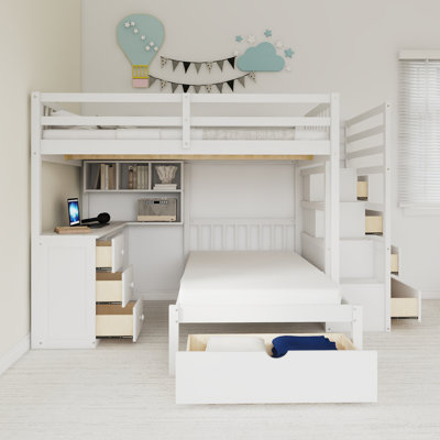 Solid Wood Full Over Twin Bunk Bed With Desk, Drawers And Shelves by Harriet Bee