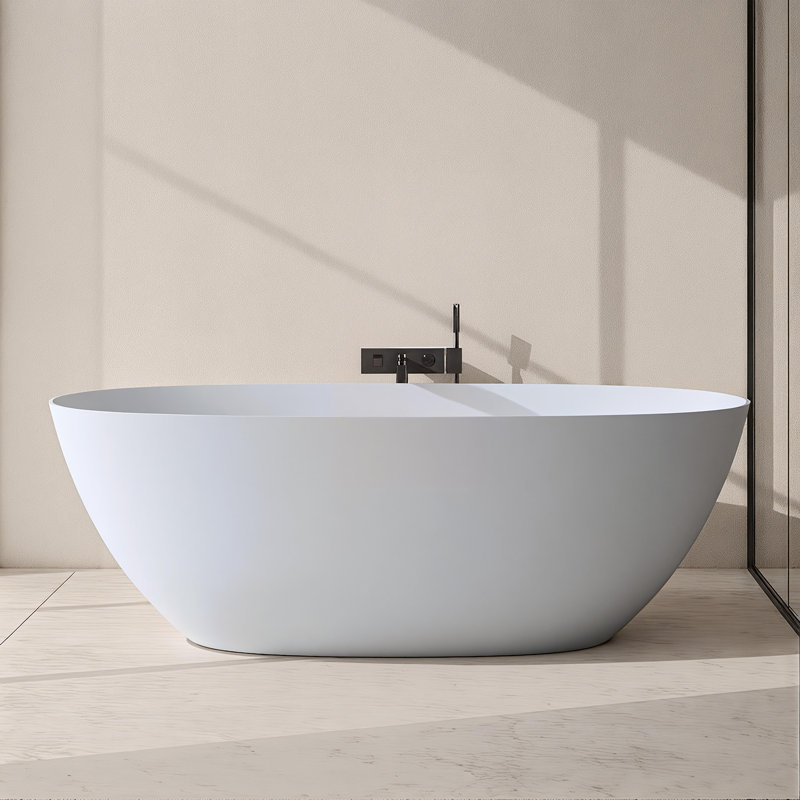 65" Freestanding Solid Surface Bathtub With Pop-Up Drainage And Overflow, Matte White