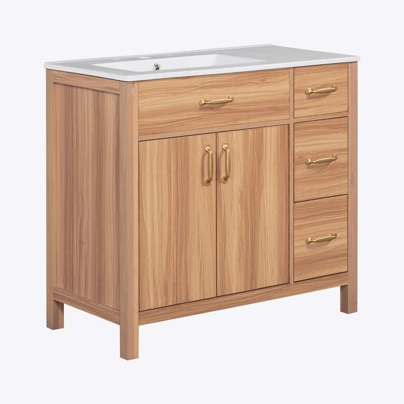 36" Bathroom Vanity with Solid Pine Frame, 1 Soft Close Door and 3 Drawers , Modern Storage Cabinet, Wood