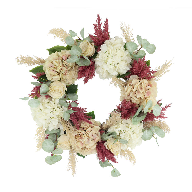 24" Hydrangea Wreath with Roses, Eucalyptus and Pampas