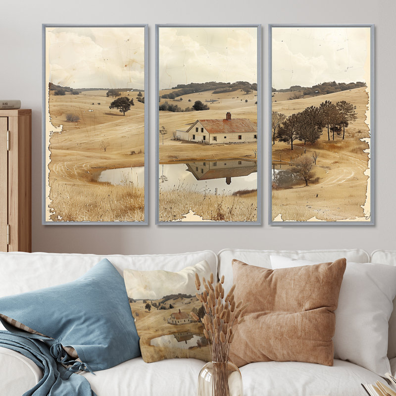 Ensemble de salon d'art mural brun, paysage de ferme américain I, Toile argentée avec cadre flottant