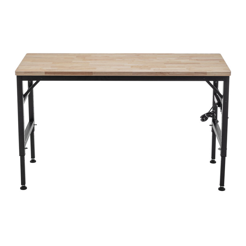 Adjustable Height Workbench, 60" Rubber Wood Top Heavy duty Workstation with Power Outlets, 2000 LBS Load Capacity Hardwood Worktable for Workshop, Garage, Office, Home