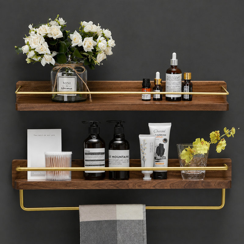 Dandre Modern Brass Wooden Shelf, 3.2" H x 12" W x 5.6" D, Walnut