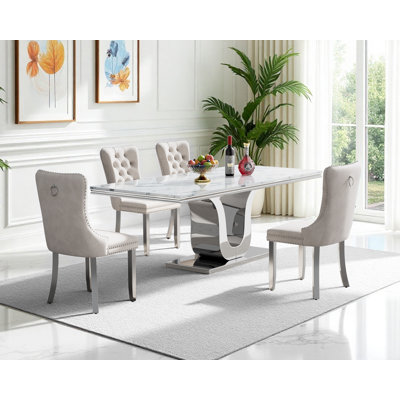 68" Faux Marble Dining Table Set, Luxury Dining Room Table with Velvet Upholstered Chairs, Luxurious Kitchen Table with Stainless Steel Pedestal, Modern Dining Table Set