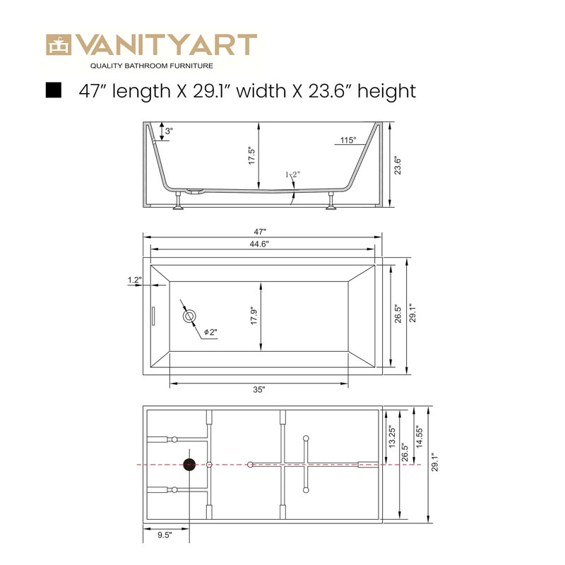 47" x 29" Freestanding Soaking Acrylic Bathtub, White/Oil Rubbed Bronze