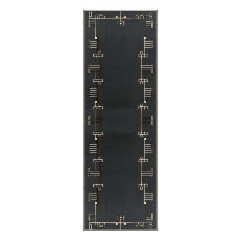 Art Deco Geometric Border Machine Washable Black Indoor Area Rug with Non-Slip Backing, Runner 2'6" x 8'