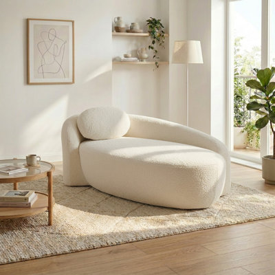 Modern Bouclé Curved Accent Chair, 33" Wide Asymmetric One-Arm Lounge Chair with Matching Pillow