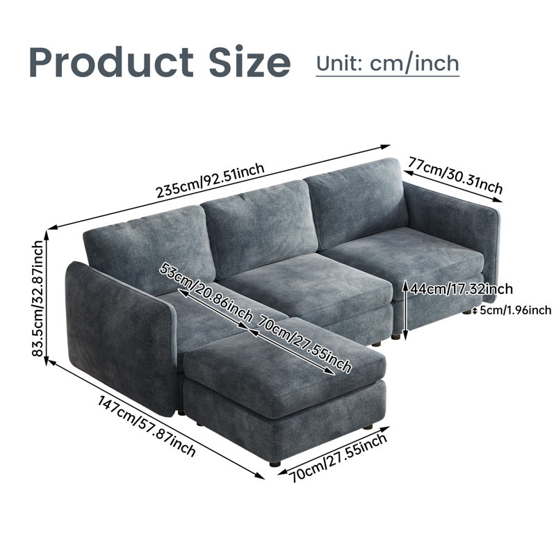 Four-Seat Blue Modular Sofa with Matching Blue Storage Ottoman