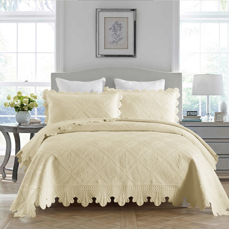 Tkembroidery Cotton Abstract Bedding, Queen Quilt + 2 Standard Shams, Beige Khaki