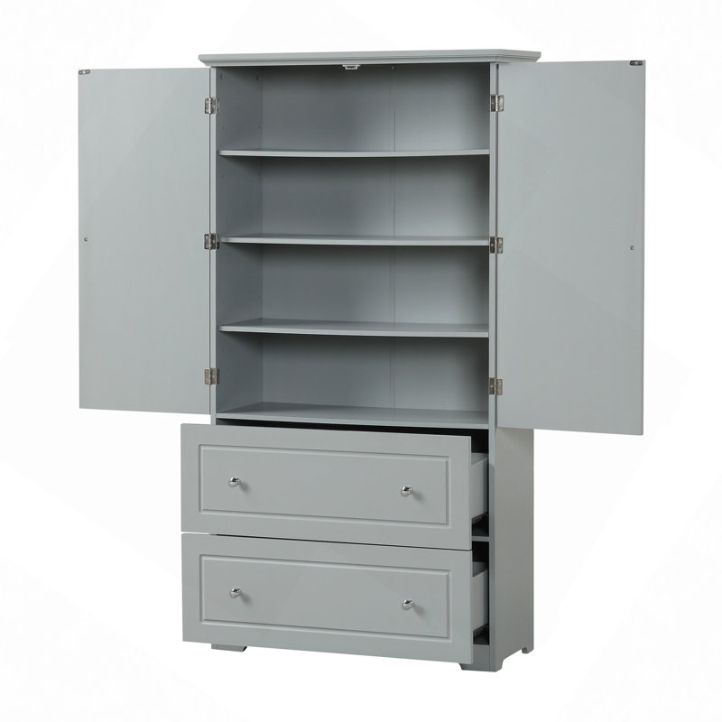 Large armoire de rangement pour salle de bain, armoire de rangement autoportante avec deux tiroirs et tablette réglable, panneau de fibres à densité moyenne avec finition peinte