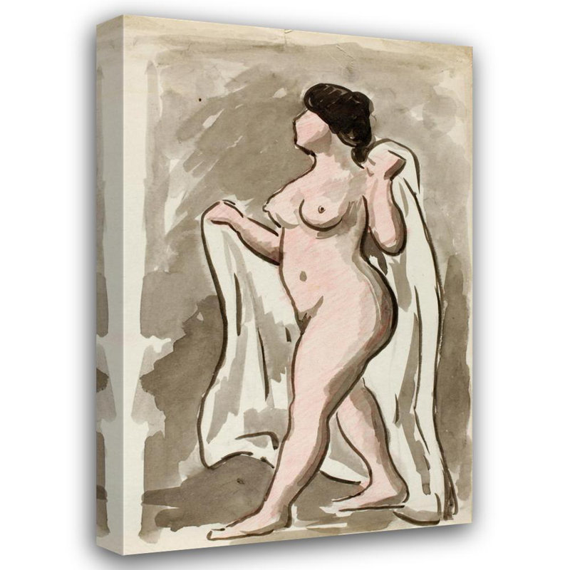 «Debout, nu féminin avec drapé» par Carl Newman - Art mural sur toile tendue avec châssis, H 24 po x l 17 po