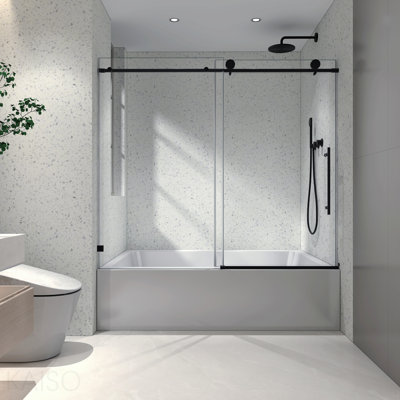 Porte de douche sans cadre noir mat, une fixe et une mobile, grandes poulies de 70 mm en acier inoxydable 304 avec fonction de fermeture amortie réglable, nettoyage facile grâce à la technologie Nano, revêtement anti-explosion.