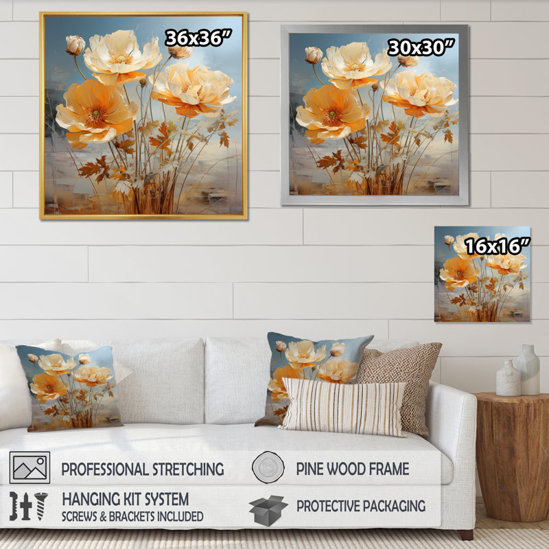 «Peach Buttercups Romantic Impression II», reproduction sur toile, H 16 po x l 16 po, Cadre naturel flottant
