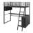 Modern Metal Loft Bed With Integrated LED Lighting, Study Table, And Quad Storage Shelves-947017277