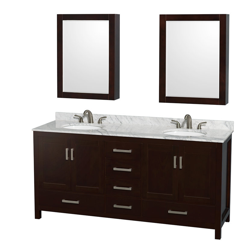 Sheffield 72" Freestanding Double Bathroom Vanity with Marble Top with Medicine Cabinets, Espresso, Brushed Nickel