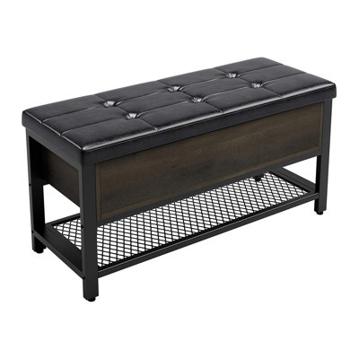Banc avec rangement, banc à chaussures long avec dessus rabattable, siège rembourré en cuir et tablette inférieure en acier pour couloir