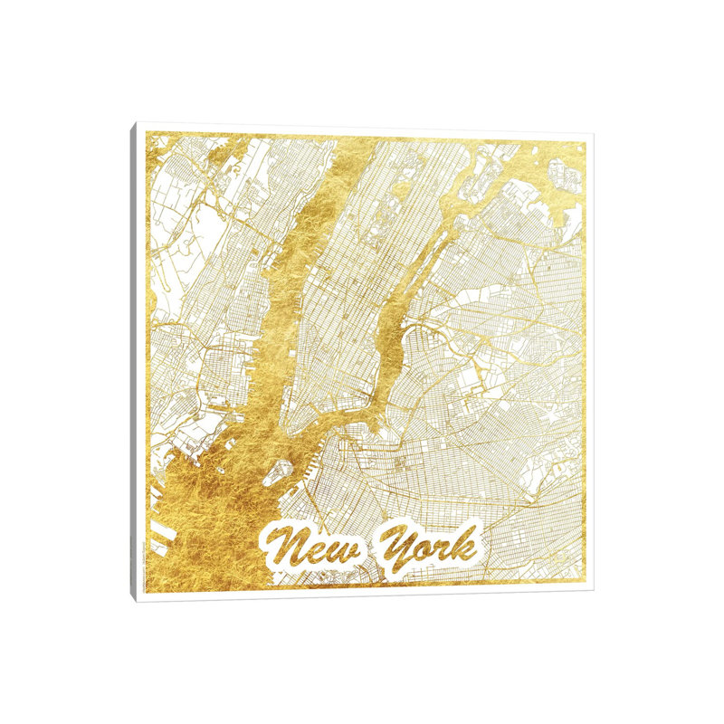 New York Gold Leaf Urban Blueprint Map by Hubert Roguski - Wrapped Canvas Print, 93.98 cm H x 93.98 cm W x 1.91 cm D