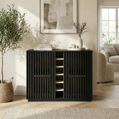 Armoire à liqueur évidée cannelée de style Mid-Century avec porte-verres à vin et support à vin, armoire de rangement pour salon, entrée, couloir, salle à manger, cuisine