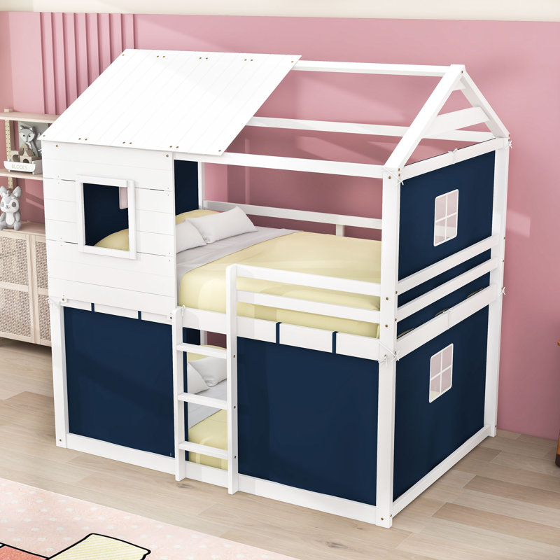 Wood Bunk Bed With Tent, Full, Blue White