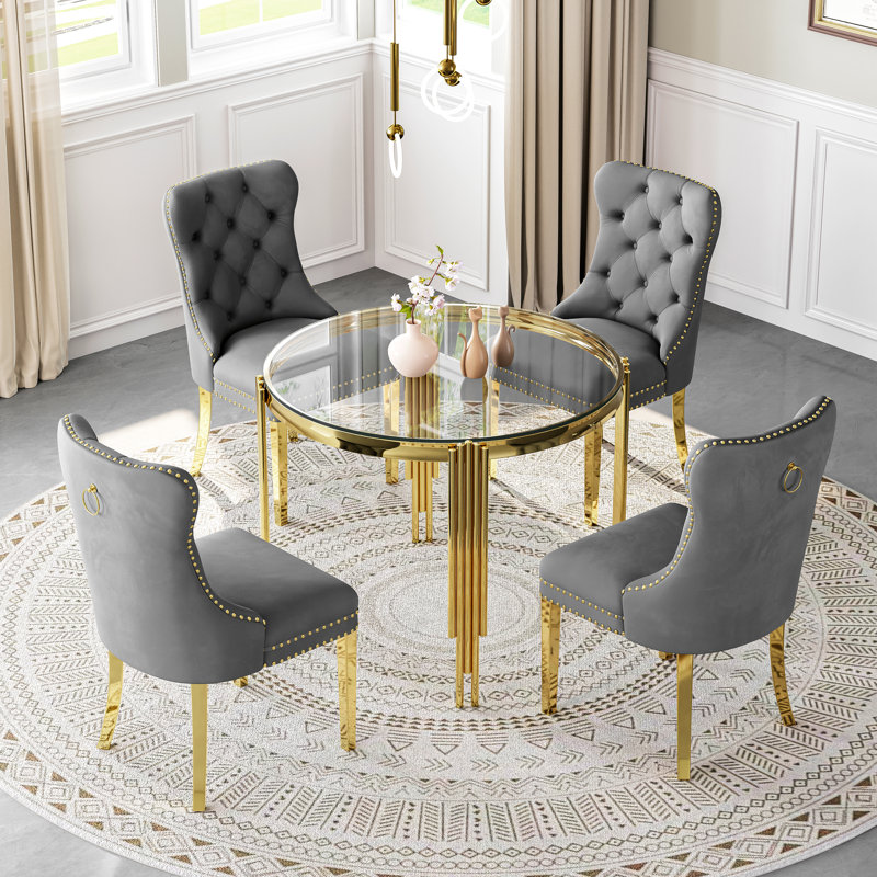 37"Modern Glass Dining Table Set, Irregular Stainless Steel Table Legs And Velvet Tufted Backrest Chairs, Clear, Gold
