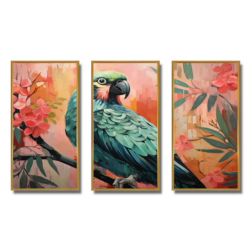 «Blue and Pink Parrot Paradise III», art mural perroquet, Cadre flottant doré, H 40 po x l 61 po