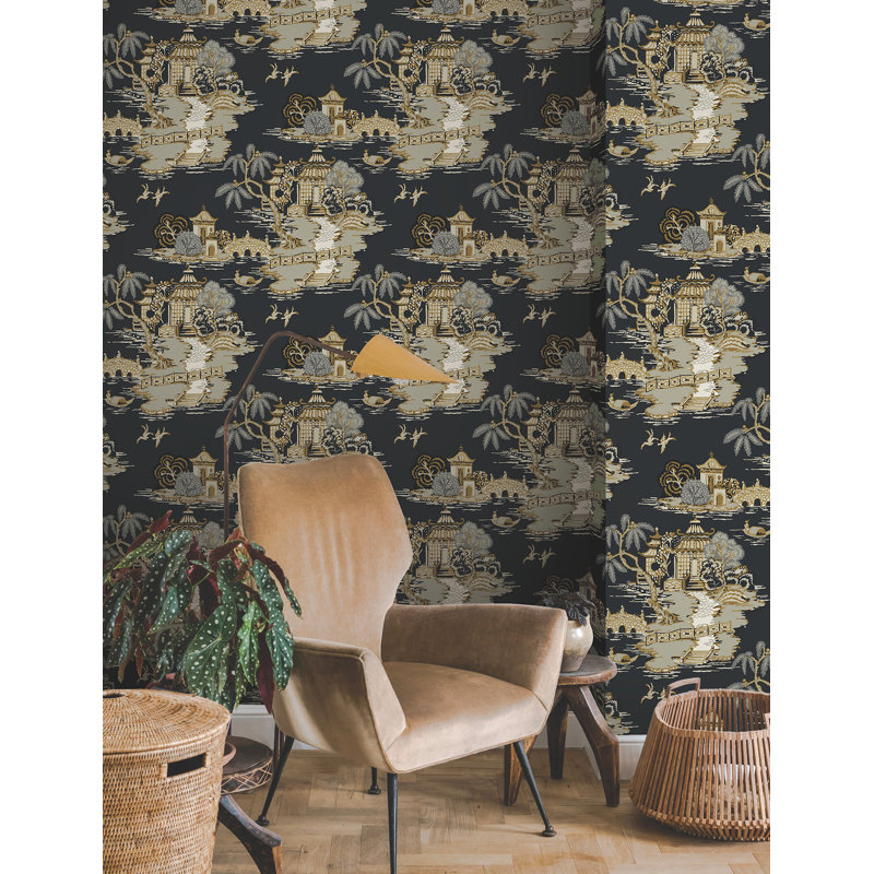 Pagoda And Sampan Scenic Vinyl Wallpaper Roll, Black
