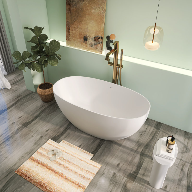 59'' Solid Surface Freestanding Bathtub Stone Resin Tub Oval Double Slippers Stand Alone Soaking Tub