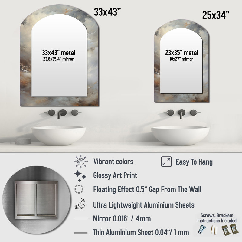 Mystic Grey Clouds Horizon II - Grey Traditional Arch Wall Mirror, 34" x 25"