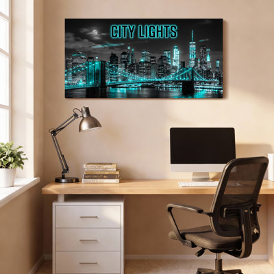 Tableau sur toile tendue représentant une vue de la ville illuminée avec un pont et des accents bleu néon (lot de 1)