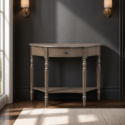 Farmhouse Half Moon Console Table with Storage Drawer and Lower Open Shelf, Rustic Accent Sofa Table