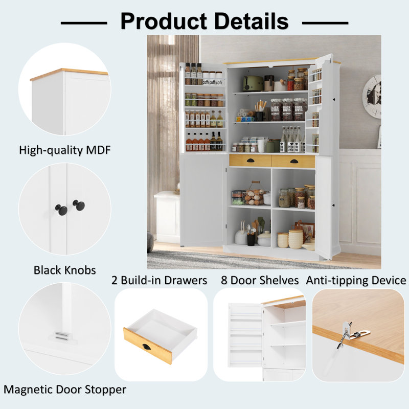 Garde-manger avec 2 tiroirs intégrés, 2 tablettes réglables, 8 tablettes de porte et 1 armoire de rangement, Blanc