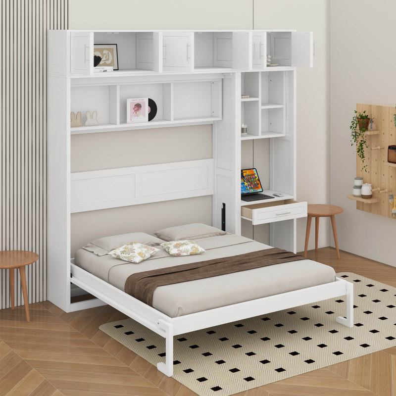 Grand lit escamotable mural avec bureau, armoire supérieure et tablettes de rangement, Blanc