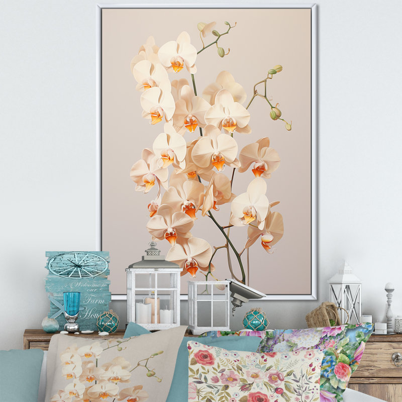 Orchidées beiges tranquillité V, H 40 po x l 30 po x P 1,5 po, Cadre flottant blanc
