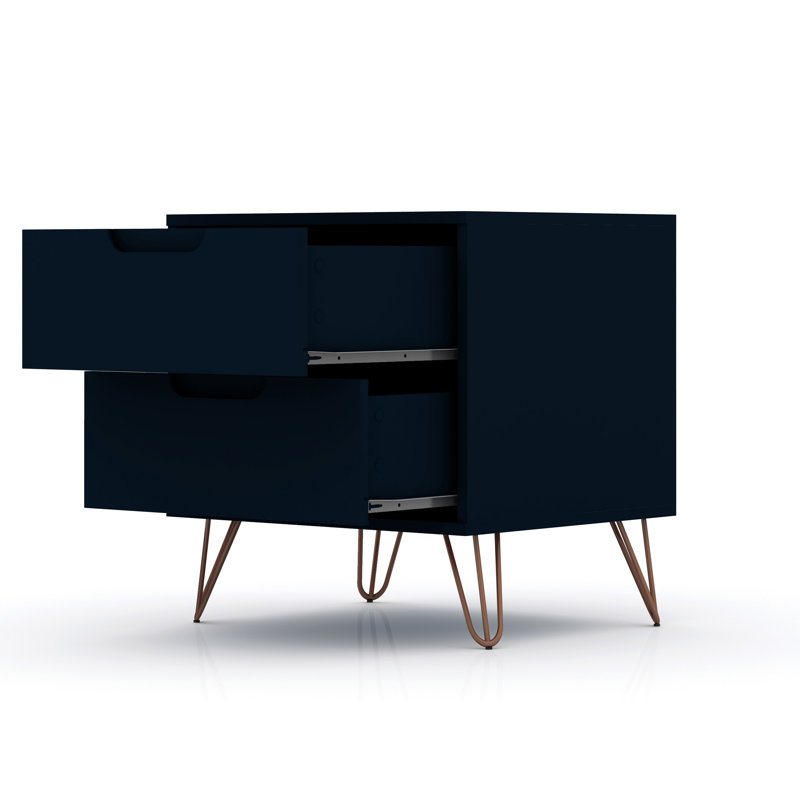 Table de chevet 2 tiroirs Mid-Century moderne bleu Rockefeller, Tatiana bleu minuit / Tatiana bleu minuit