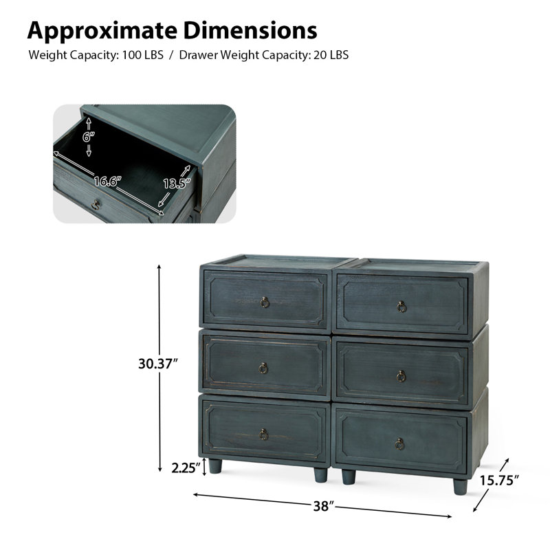 Aivery 38'' W Farmhouse 2 - Drawer Solid Wood Modular  Dresser(Set of 3), Blue