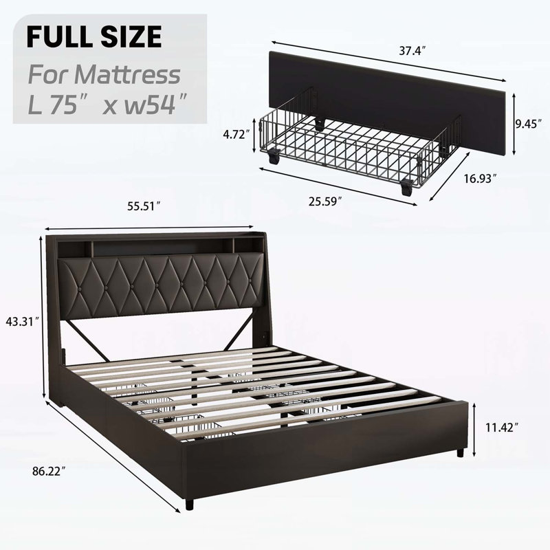 Lit plateforme avec tête de lit ergonomique, prises intégrées, chargeur, lumière DEL et tablette de rangement, Double, Noir